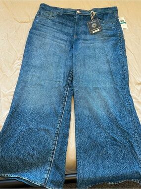 High Waist Democracy Blue Wide Leg Jeans with Branded Tag